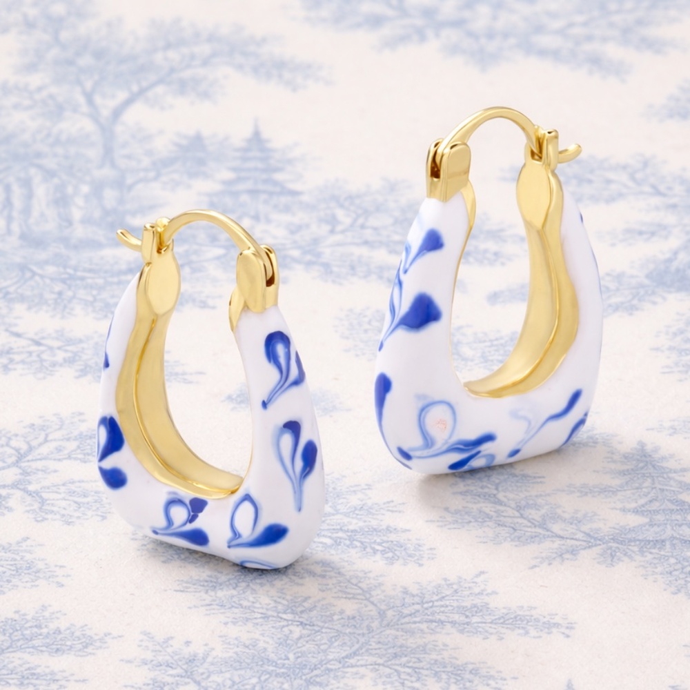 Blue & White Porcelain Style Hoop Earrings | Gold Huggie Statement Earrings
